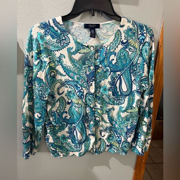 Chaps Paisley Button Down Cardigan Sweater Women's Large White Blue Green - Picture 2 of 7